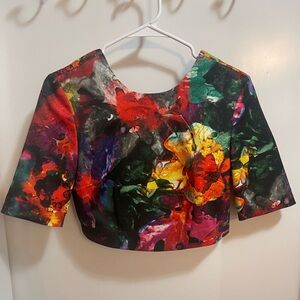 H&M multi colour cropped blouse with double bowtie detail - sz 6